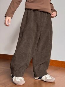 SHEIN Little Byeori 男士燈芯絨長褲，栗色，寬鬆版型，適合冬季、秋季與春季，休閒褲適合日常穿著、通勤、休閒運動，寬鬆直筒褲腿，適合春季、夏季與秋季，返校、外出 - 紫紅色 - 查看 2