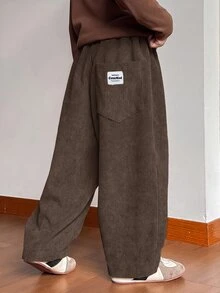 SHEIN Little Byeori 男士燈芯絨長褲，栗色，寬鬆版型，適合冬季、秋季與春季，休閒褲適合日常穿著、通勤、休閒運動，寬鬆直筒褲腿，適合春季、夏季與秋季，返校、外出 - 紫紅色 - 查看 4