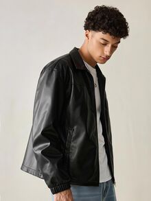 EASEVO Men's Plus Size Loose Black Leather Long Sleeve Jacket - Black - View 5