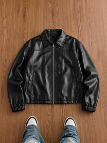 EASEVO Men's Plus Size Loose Black Leather Long Sleeve Jacket - Black - View 8