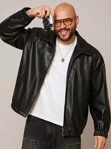 EASEVO Men's Plus Size Loose Black Leather Long Sleeve Jacket - Black - View 1