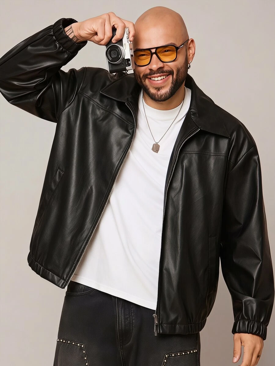 EASEVO Men's Plus Size Loose Black Leather Long Sleeve Jacket - Black - View 1