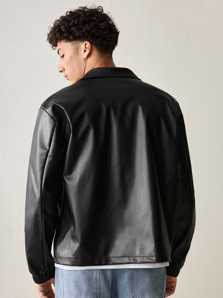 EASEVO Men's Plus Size Loose Black Leather Long Sleeve Jacket - Black - View 4