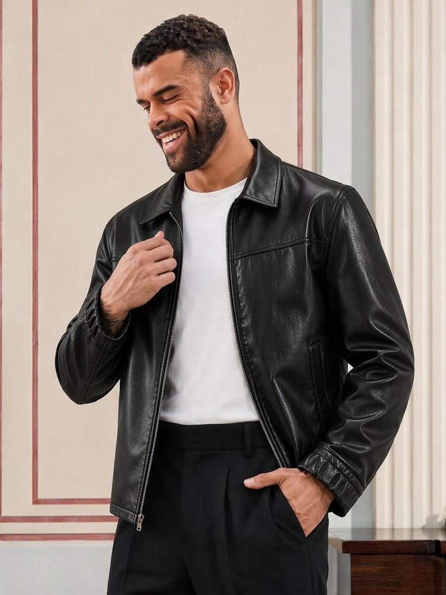EASEVO Men's Plus Size Loose Black Leather Long Sleeve Jacket - Black - View 1
