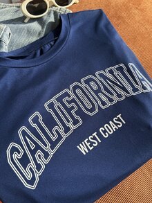 Comfortcana Plus Letter 圖案落肩大碼加州 T-Shirt 秋季 - 藏蓝色 - 查看 3