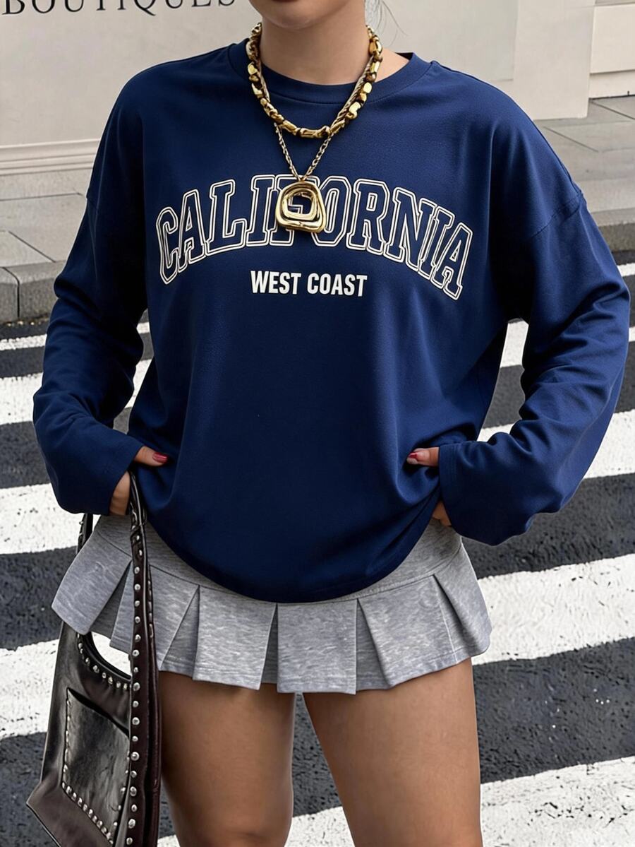 Comfortcana Plus Letter Graphic Drop Shoulder Tee California Plus Size T-Shirt Fall - Navy Blue - View 1