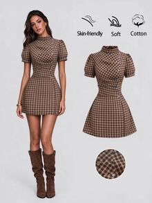 Sweetra French Sweet Preppy Style Brown Plaid Micro High Neck Pleated Design Exquisite Button Embellishment Unique Tie Waist Slimming Spring Summer Short Puff Sleeve Simple Versatile Women's Dress - Brown - View 1