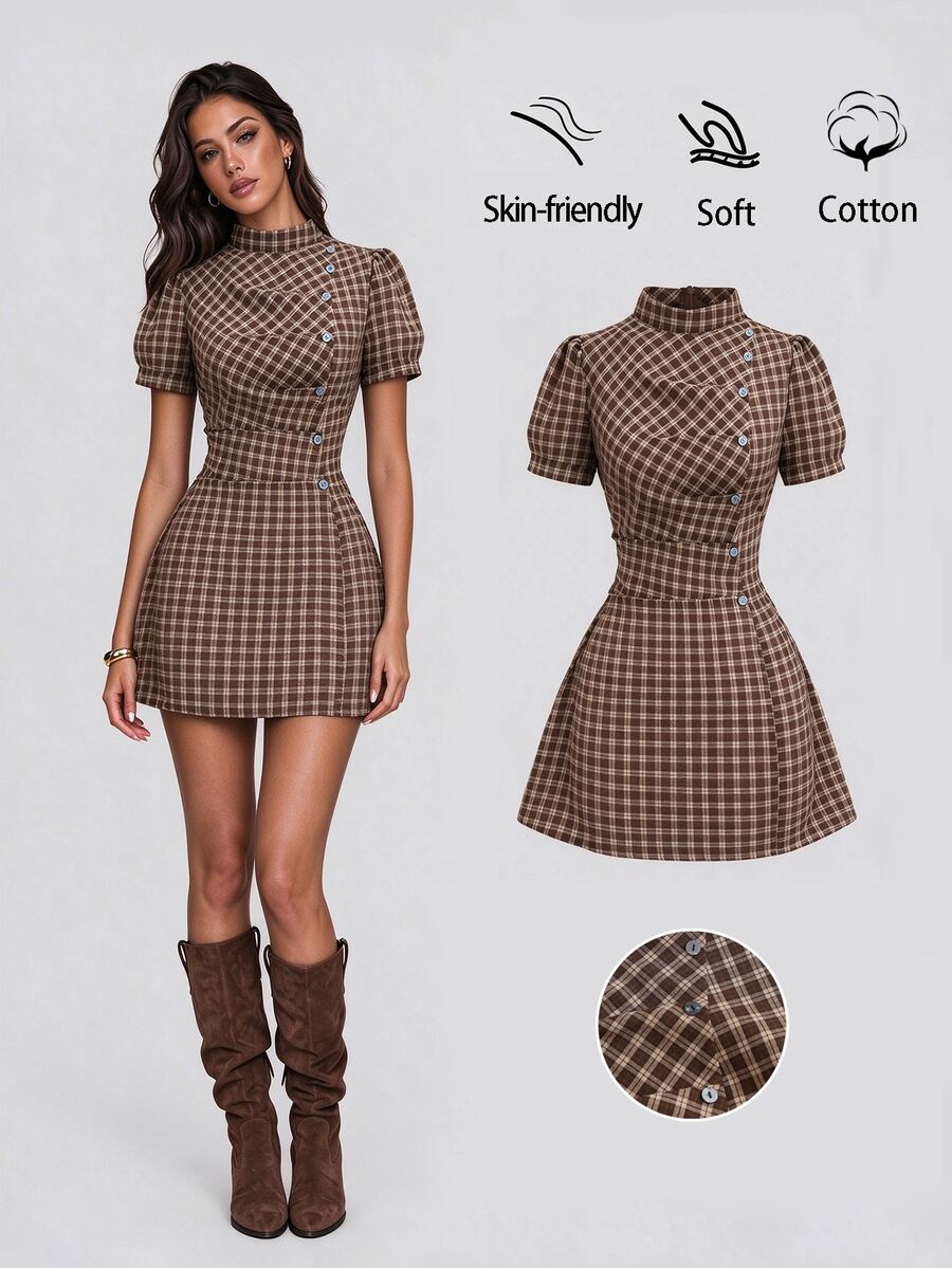 Sweetra French Sweet Preppy Style Brown Plaid Micro High Neck Pleated Design Exquisite Button Embellishment Unique Tie Waist Slimming Spring Summer Short Puff Sleeve Simple Versatile Women's Dress - Brown - View 1