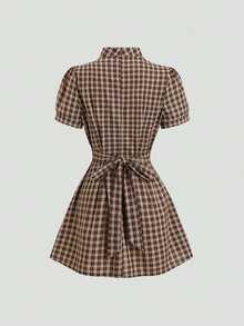 Sweetra French Sweet Preppy Style Brown Plaid Micro High Neck Pleated Design Exquisite Button Embellishment Unique Tie Waist Slimming Spring Summer Short Puff Sleeve Simple Versatile Women's Dress - Brown - View 4