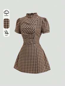 Sweetra French Sweet Preppy Style Brown Plaid Micro High Neck Pleated Design Exquisite Button Embellishment Unique Tie Waist Slimming Spring Summer Short Puff Sleeve Simple Versatile Women's Dress - Brown - View 2