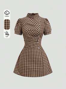 Sweetra French Sweet Preppy Style Brown Plaid Micro High Neck Pleated Design Exquisite Button Embellishment Unique Tie Waist Slimming Spring Summer Short Puff Sleeve Simple Versatile Women's Dress - Brown - View 3