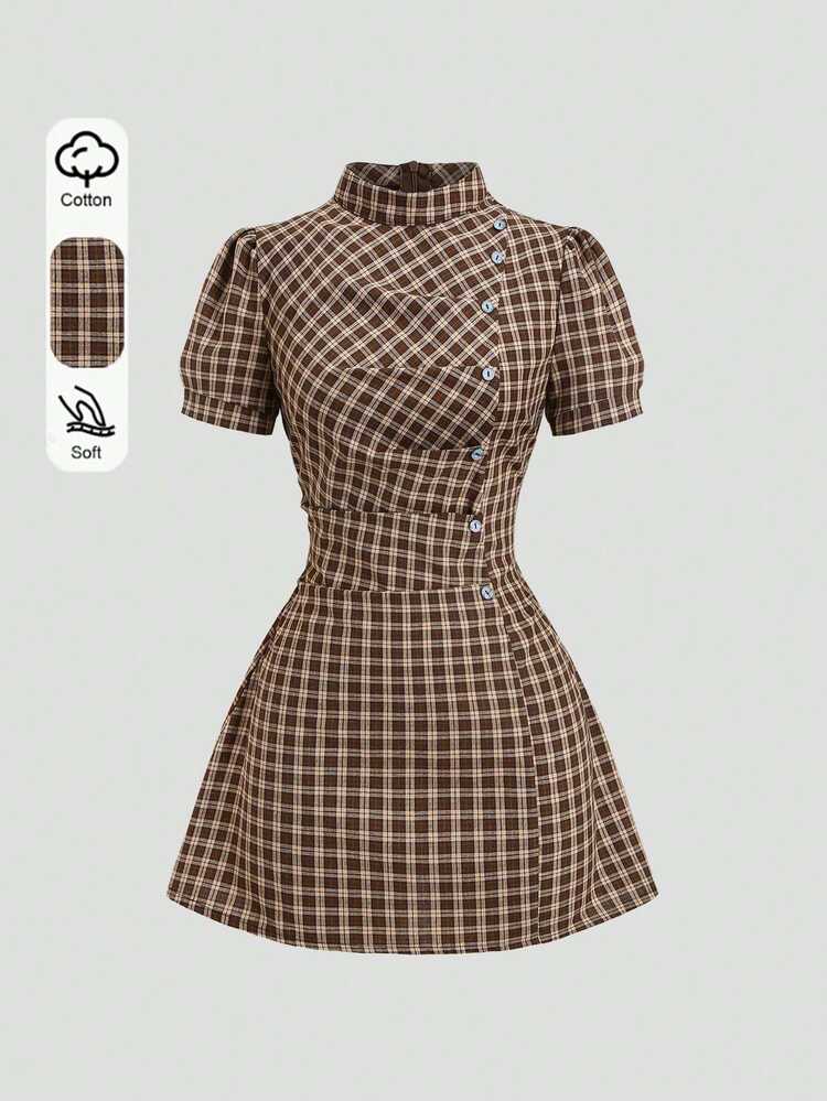 Sweetra French Sweet Preppy Style Brown Plaid Micro High Neck Pleated Design Exquisite Button Embellishment Unique Tie Waist Slimming Spring Summer Short Puff Sleeve Simple Versatile Women's Dress - Brown - View 3