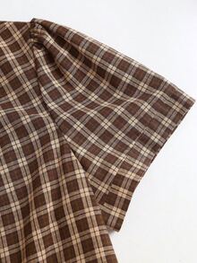 Sweetra French Sweet Preppy Style Brown Plaid Micro High Neck Pleated Design Exquisite Button Embellishment Unique Tie Waist Slimming Spring Summer Short Puff Sleeve Simple Versatile Women's Dress - Brown - View 5