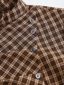 Sweetra French Sweet Preppy Style Brown Plaid Micro High Neck Pleated Design Exquisite Button Embellishment Unique Tie Waist Slimming Spring Summer Short Puff Sleeve Simple Versatile Women's Dress - Brown - View 7