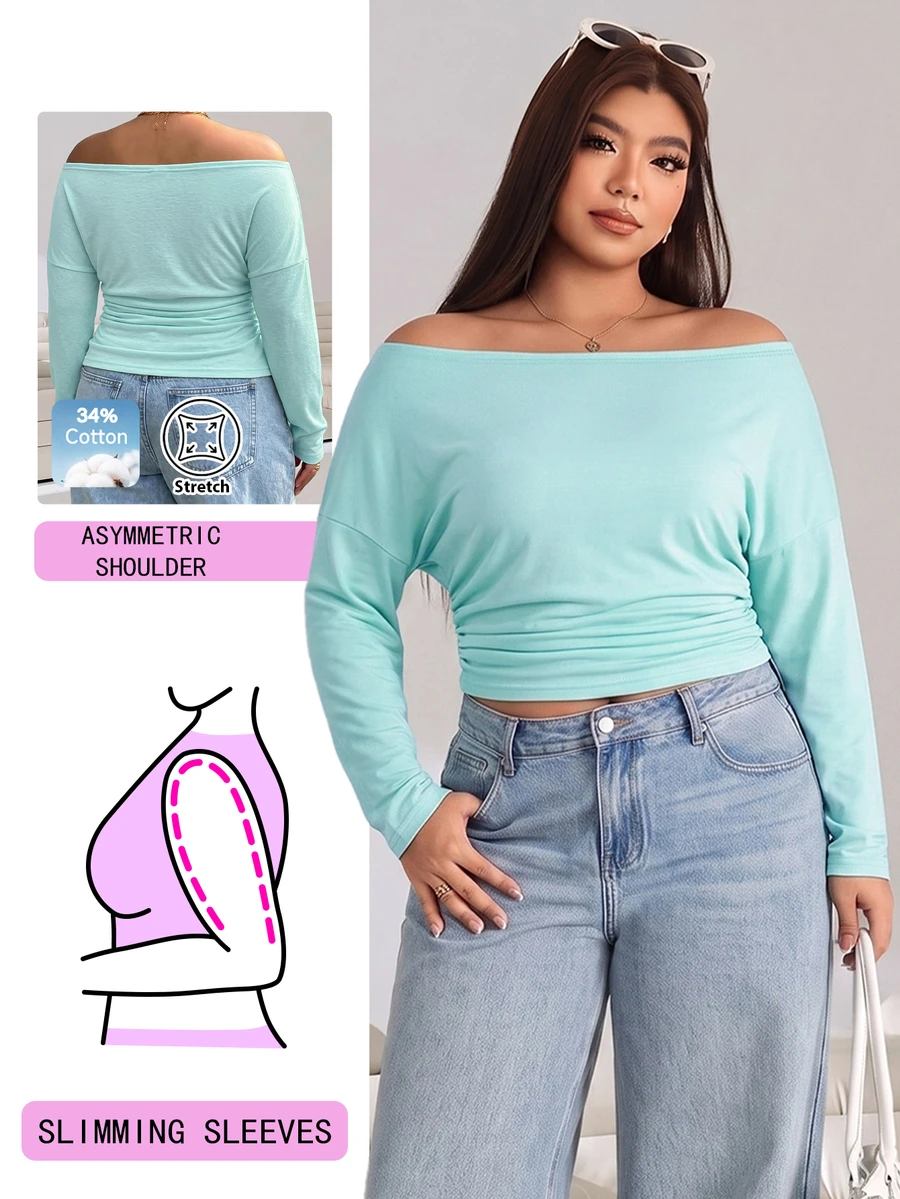 Solflare Plus Size Women's Solid Color Off-Shoulder Long Sleeve Ruched Fitted T-Shirt Fall