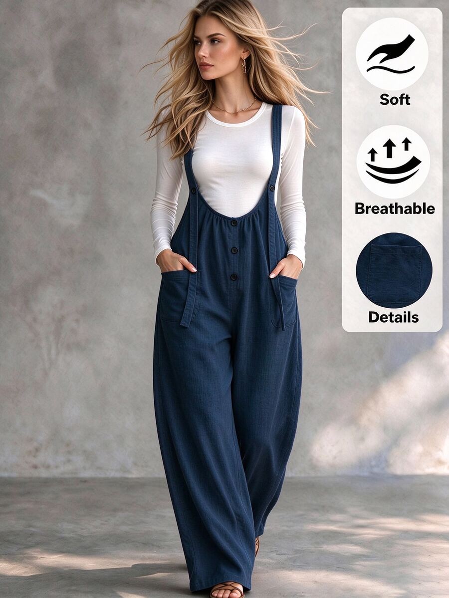 SHEIN Holidaya Women's Button Decor Casual Wide Leg Suspenders Long Pants, Spring/Summer - Navy Blue - View 1
