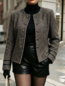 Easura Plus Size Women's Colorblock Casual Versatile Commuter Blazer - Brown - View 5