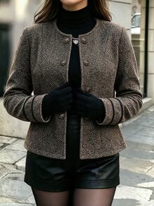 Easura Plus Size Women's Colorblock Casual Versatile Commuter Blazer - Brown - View 2