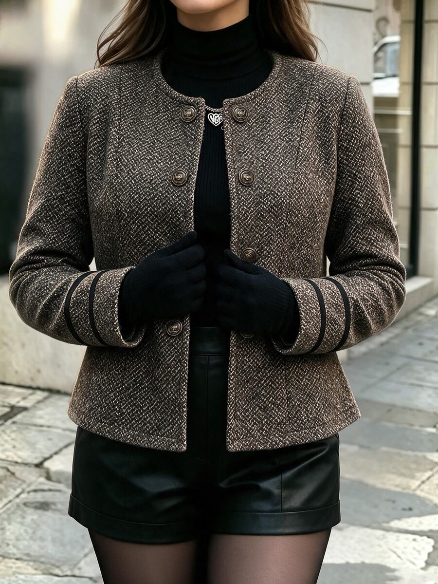 Easura Plus Size Women's Colorblock Casual Versatile Commuter Blazer - Brown - View 1