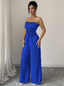 Elenzga Women's Frill Trim Tie Front Striped Pleated Wide Leg Jumpsuit - Blue - View 4