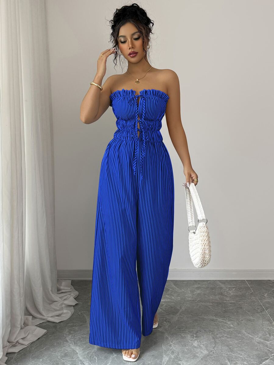 Elenzga Women's Frill Trim Tie Front Striped Pleated Wide Leg Jumpsuit - Blue - View 1