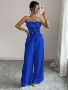 Elenzga Women's Frill Trim Tie Front Striped Pleated Wide Leg Jumpsuit - Blue - View 6