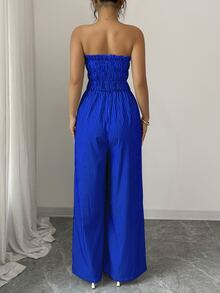 Elenzga Women's Frill Trim Tie Front Striped Pleated Wide Leg Jumpsuit - Blue - View 2