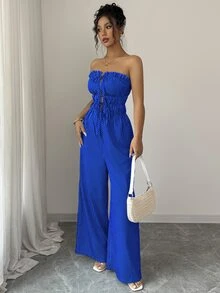 Elenzga Women's Frill Trim Tie Front Striped Pleated Wide Leg Jumpsuit - Blue - View 5