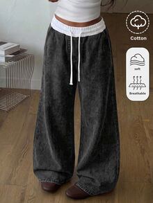 Kids Tween Girl Contrast Waistband Black Knit Denim Loose Fit Long Pants - Black - View 1