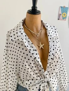 Soleia 女款大尺碼度假波點印花前綁帶襯衫 秋季 - 黑與白 - 查看 3