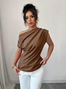 Elenzga Women's Pleated Solid Color Asymmetrical Shoulder Fashion Blouse - Coffee Brown - View 5