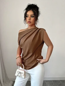 Elenzga Women's Pleated Solid Color Asymmetrical Shoulder Fashion Blouse - Coffee Brown - View 3