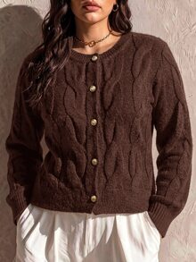 Juhart Plus Size Women's Solid Color Casual Versatile Daily Wear Cardigan - Brown - View 1