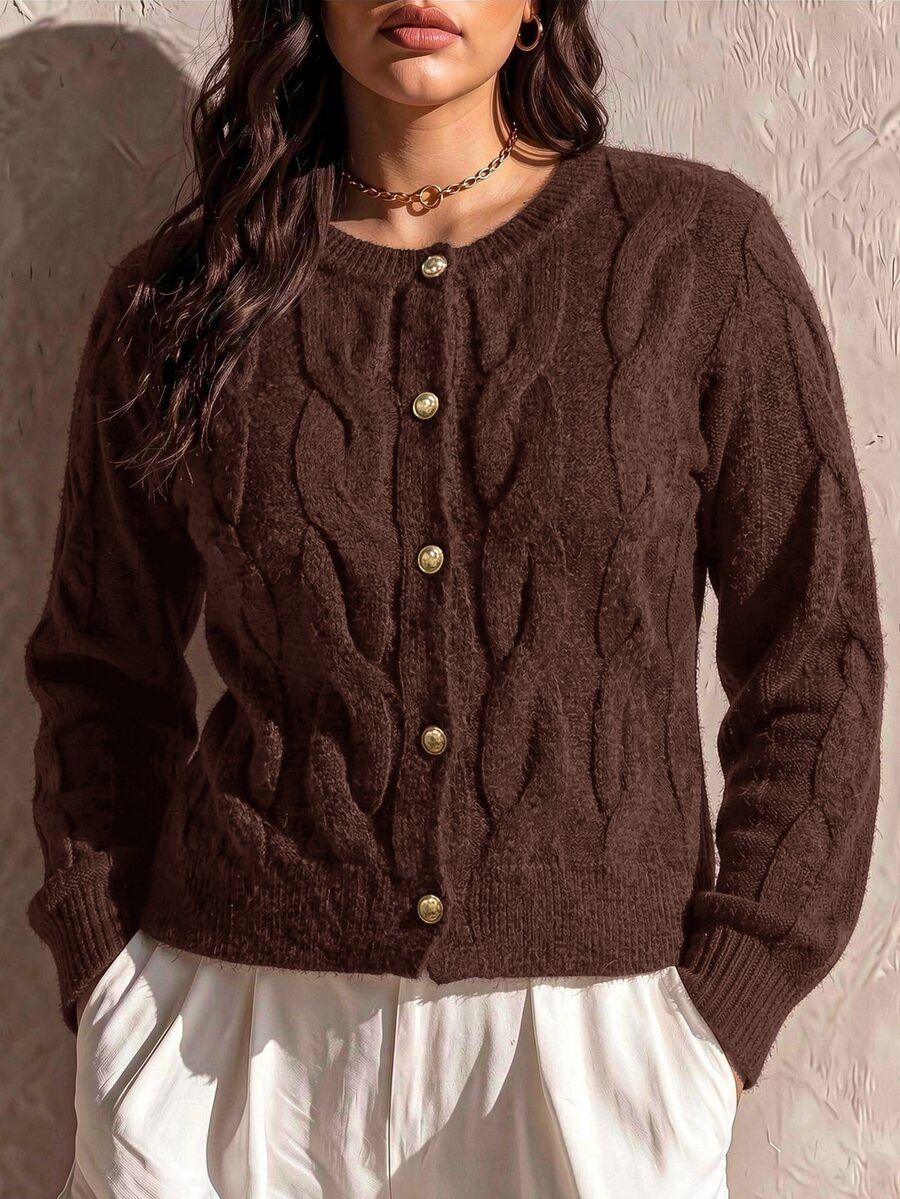 Juhart Plus Size Women's Solid Color Casual Versatile Daily Wear Cardigan - Brown - View 1