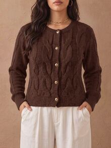 Juhart Plus Size Women's Solid Color Casual Versatile Daily Wear Cardigan - Brown - View 4