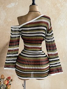 Soleia Women's Plus Size Autumn/Winter Knit Striped Flared Long Sleeve Asymmetric Shoulder Sweater Dress Going Out White And Green Casual - Multicolor - View 2