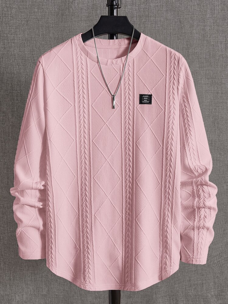 EASEVO Men's Plus Size Loose Knit Wheat Ear Rhombus Pattern Round Neck Long Sleeve T-Shirt, Dusty Pink Autumn Casual Holiday Top, Father's Day Gifts , Football - Pink - View 5
