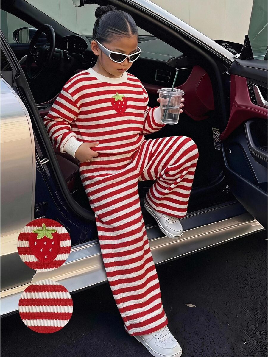 SHEIN 女童俏皮休閒百搭時尚草莓條紋長袖運動衫與長褲2件套,秋季,秋季風格,秋冬,套頭 - 紅色 - 查看 1