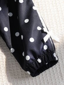 Young Girl Black & White Polka Dot Jacket, Sleeves With Ribbon Trim And Bow Decor, Exquisite & Fashionable Design, Casual Style For Daily Wear - Navy Blue - View 5