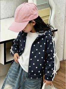 Young Girl Black & White Polka Dot Jacket, Sleeves With Ribbon Trim And Bow Decor, Exquisite & Fashionable Design, Casual Style For Daily Wear - Navy Blue - View 1
