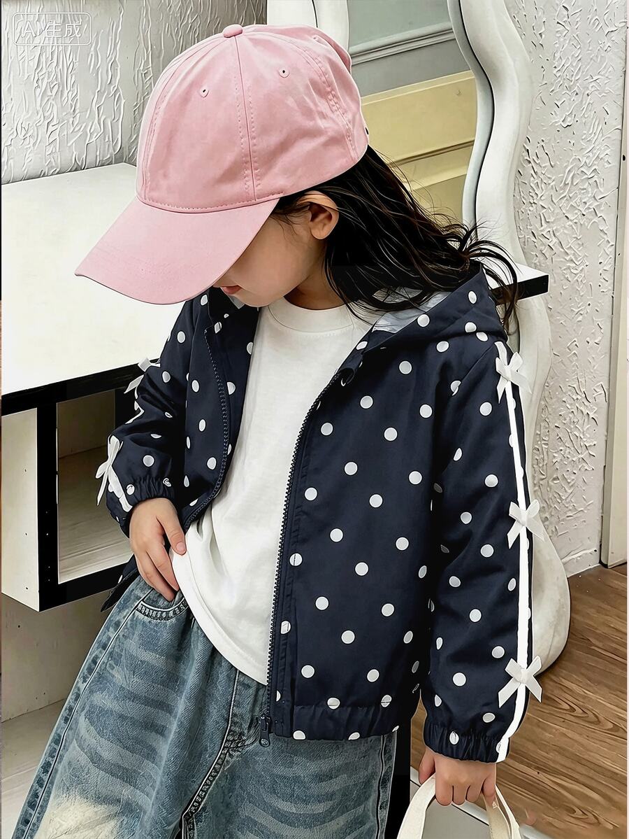 Young Girl Black & White Polka Dot Jacket, Sleeves With Ribbon Trim And Bow Decor, Exquisite & Fashionable Design, Casual Style For Daily Wear - Navy Blue - View 1