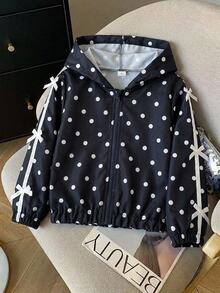 Young Girl Black & White Polka Dot Jacket, Sleeves With Ribbon Trim And Bow Decor, Exquisite & Fashionable Design, Casual Style For Daily Wear - Navy Blue - View 8