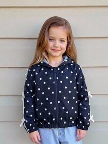 Young Girl Black & White Polka Dot Jacket, Sleeves With Ribbon Trim And Bow Decor, Exquisite & Fashionable Design, Casual Style For Daily Wear - Navy Blue - View 7