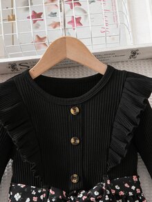 Elladie kids 女童新款黑色羅紋圓領長袖蕾絲鈕扣裝飾收腰拼接花卉下擺A字套頭洋裝，附蝴蝶結腰帶，可愛精緻俏皮風格，適合日常穿著，春/秋季 - 黑色 - 查看 8