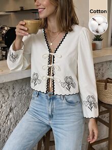 Muvela Women's Contrast Trim Floral Pattern Bowknot Long Sleeve Blouse - Multicolor - View 9