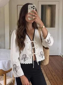 Muvela Women's Contrast Trim Floral Pattern Bowknot Long Sleeve Blouse - Multicolor - View 8