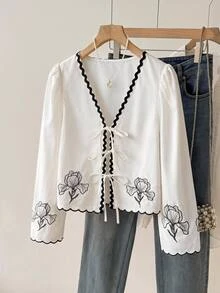 Muvela Women's Contrast Trim Floral Pattern Bowknot Long Sleeve Blouse - Multicolor - View 6
