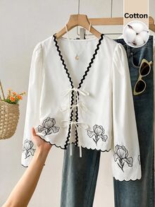 Muvela Women's Contrast Trim Floral Pattern Bowknot Long Sleeve Blouse - Multicolor - View 5