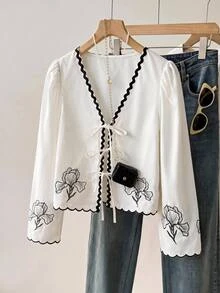 Muvela Women's Contrast Trim Floral Pattern Bowknot Long Sleeve Blouse - Multicolor - View 4