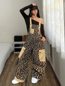 StreetHx Casual Street Style Leopard Print Cargo Overall Jumpsuit With Contrast Pockets, Loose Drape, Versatile Sleeveless Wide Leg Denim Dungarees - Multicolor - View 2